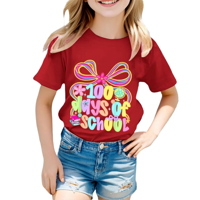 Rhuody Hauts pour Filles T-Shirt à Manches Courtes Col Rond T-Shirt à Imprimés de Dessins Animés Hauts Tee Simple Tenue Quotidienne 3-4 Ans Rouge