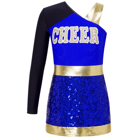 YiZYiF Kids Girls Oblique Shoulder Cheer Leader Outfit Long Sleeve Shiny Sequins Cheerleading Dance Dress with Briefs Blue 10