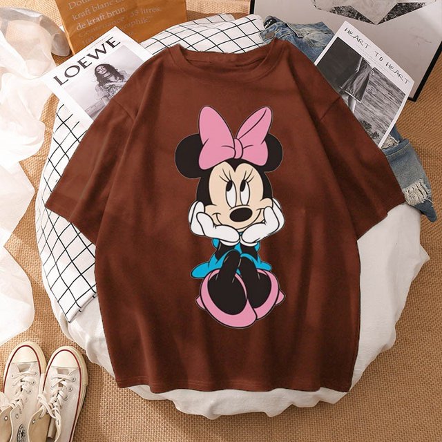 Woman Summer New 2022 Hot Cartoon Disney Mickey And Friends Minnie Mouse Leopard Bow Portrait T-Shirt Short Sleeve Teen TopsL Gao Jinjia LED
