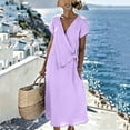 thumbnail image 6 of Women's Solid Color Wrap V Neck Midi Dress Short Sleeve Tie Waist Casual Vacation Dress with Pockets Purple M(M), 6 of 7