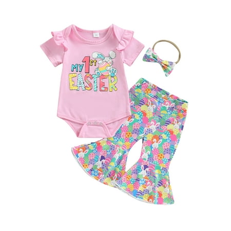 

Kid Girls Easter Outfit Short Sleeve Bunny Print T-Shirt + Flare Pants + Bowknot Headband 3pcs Easter Pant Set