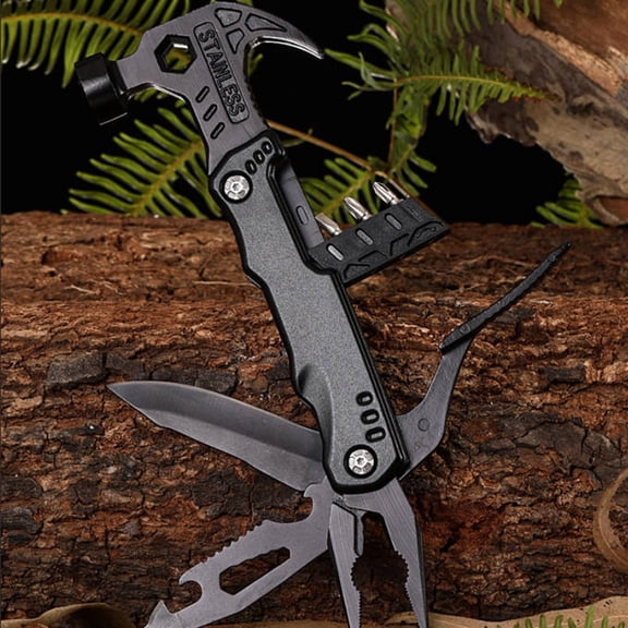 Camping Multitool Accessories Stocking Stuffers for Men Multi Tool Survival Gear with Axe Hammer Pliers Saw Screwdrivers Bottle Opener Whistle with Sheath for Hiking, Gifts for Men Dad Him Black