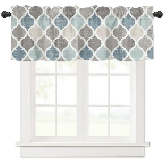Teal Blue Grey Geometric Valances for Windows Farmhouse Kitchen Curtains Valances Rod Pocket Valance Curtains for Kitchen Windows Morocco Abstract Art Window Valances for Bathroom Bedroom 42"x18"