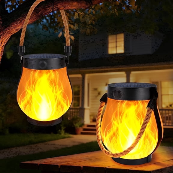 Ceevoo 2 Pack Solar Lanterns Outdoor, Flikering Flame Solar Hanging Lantern Lights Waterproof for Garden Patio Yard Halloween Decorations