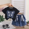 thumbnail image 4 of Shadoumai Girls Embroidered Short Sleeve Top Denim Shorts Summer Outfit Bow Cute Details Casual Playful Ensemble For Toddler Kid Back to School Outfits, 4 of 7