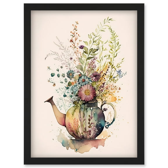 Wildflower Floral Spring Bouquet in a Teapot Vase Artwork Framed Wall Art Print A4