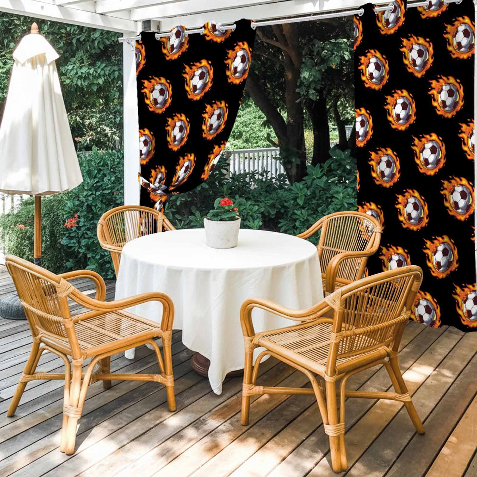 Dark Flaming Soccer Outdoor Curtains for Patio, Sports Orange Yellow Soccer Ball Black Background Sunshade Privacy Drapes Grommet Waterproof Outside Curtains for Porch Balcony 54"x108", 1 Panel