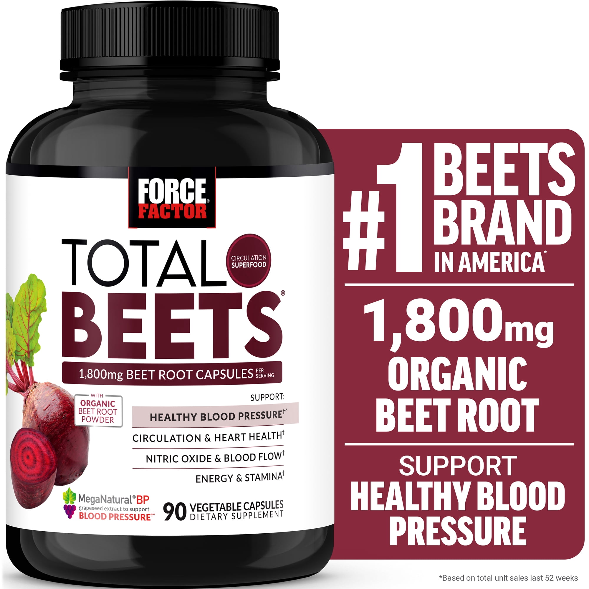 Total Beets Blood Pressure Support Beet Root Capsules, 1800mg Organic Beet Root Powder Beet Supplement to Support Circulation and Blood Flow, 90 Vegetable Capsules by Force Factor