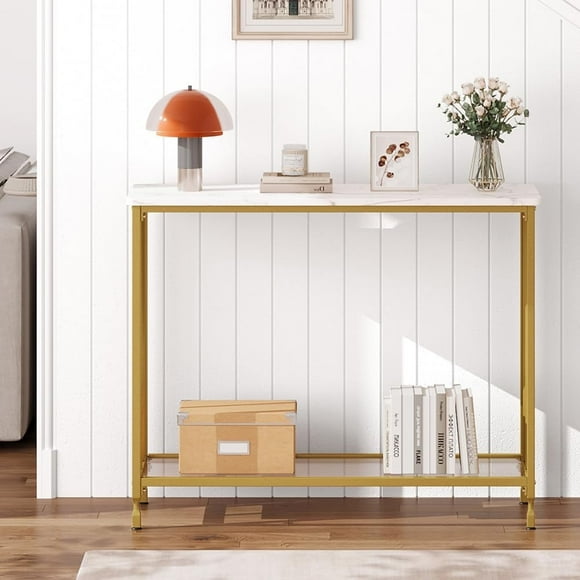 Console Table, Sofa Tables Narrow Entryway Table with Glass Shelf and Metal Frame, 33.5” Behind Couch Table Industrial Hallway Table for Living Room, Foyer, Bedroom