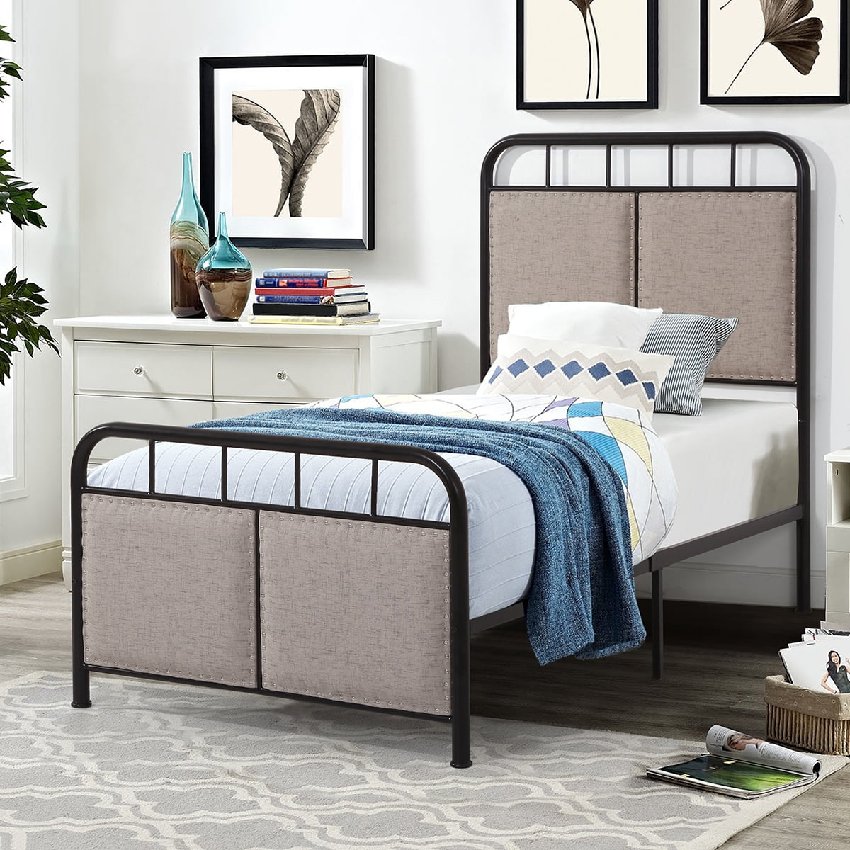 Lowestbest Twin Size Linen Upholstered Bed Frame, Metal Platform with Fabric Headboard and Footboard, Black Lowestbest Twin Size Linen Upholstered Bed Frame, Metal Platform with Fabric Headboard and Footboard, Black