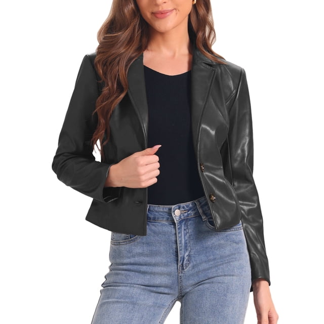 CHAQUETA DE CUERO PARA MUJER INSPIRADA CHIC, BLAZER DE MANGA LARGA, CON SOLAPA EN V, ESTILO VINTAGE MOTO BIKER, ABRIGO VEGANO DE PIEL SINTÉTICA, TALLA XS, NEGRO