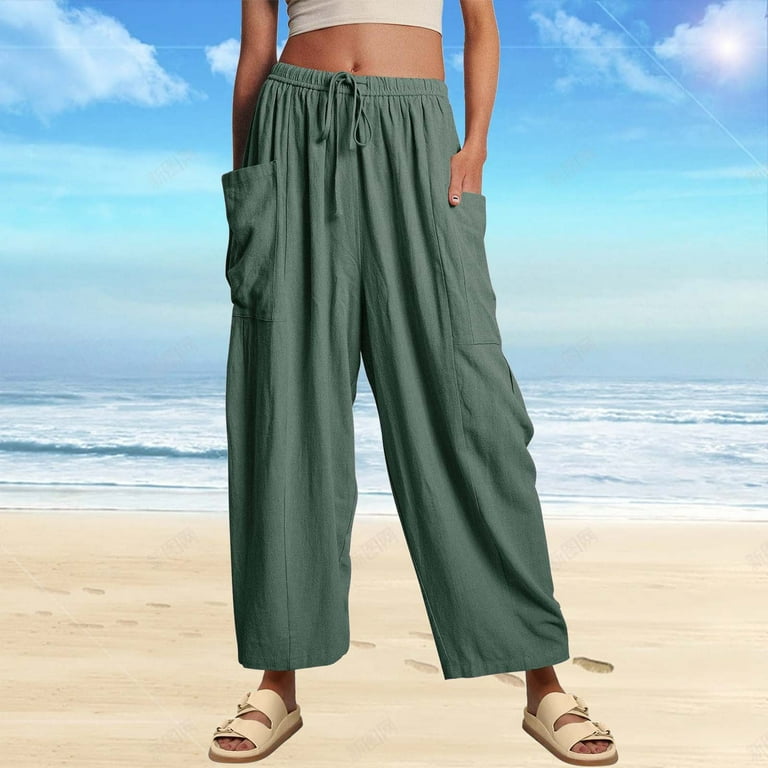 Women's Linen Palazzo Pants – High Waisted, Wide Leg, Casual Sweatpants Style With Pockets In Peacock Blue