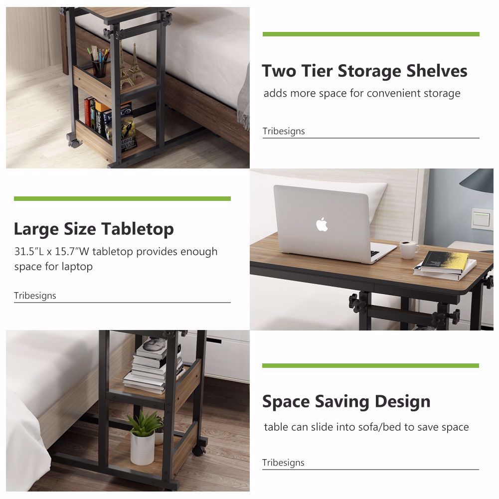 TribeSigns Snack Side Table, Mobile End Table Height Adjustable Bedside Table Laptop Rolling Cart C Shaped TV Tray with Storage Shelves for Sofa Couch - image 4 of 8