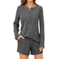 thumbnail image 3 of NFTOEIULA Women Ribbed Knit Button Up Long Sleeve Shorts 2 Piece Loungewear Sets, 3 of 6
