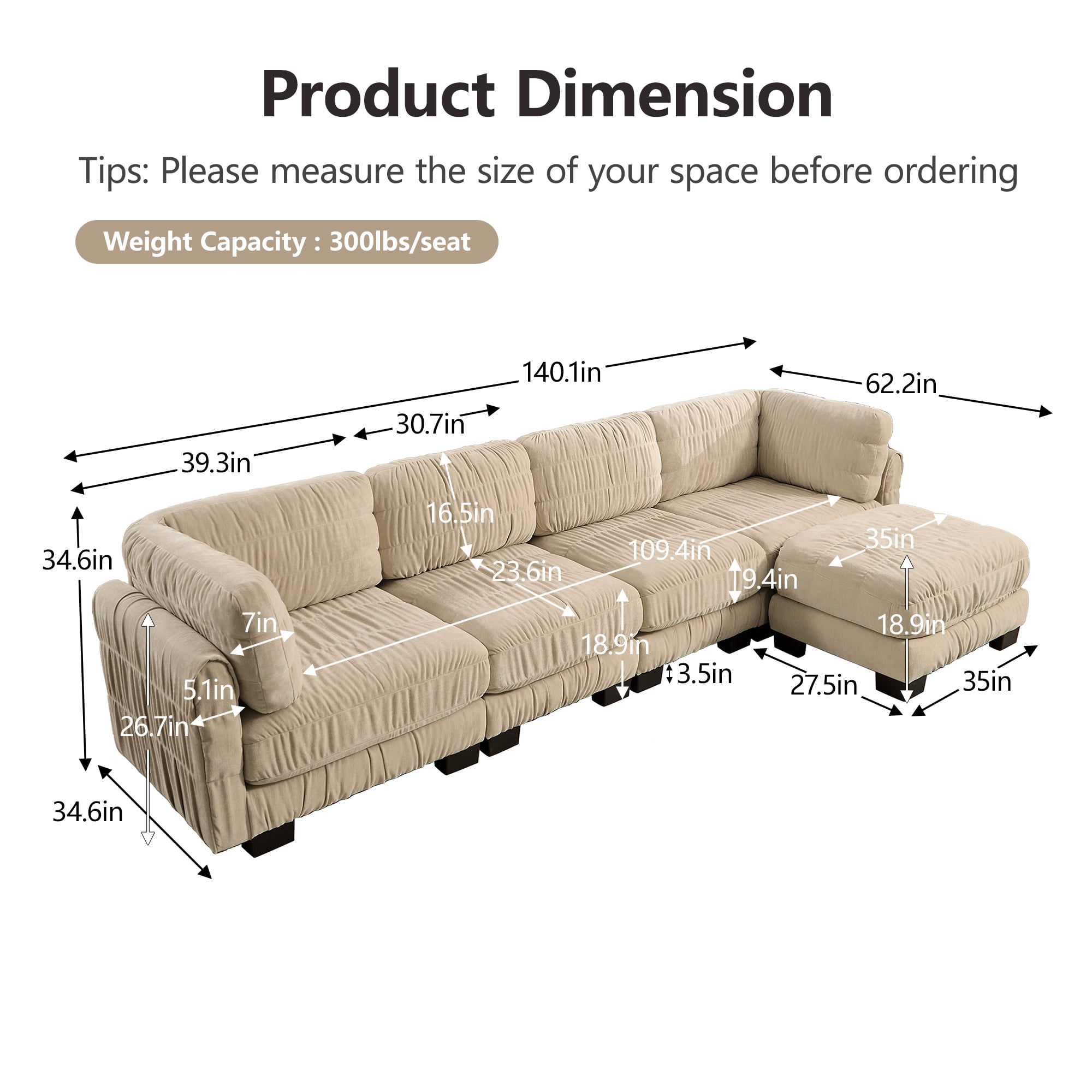 140" L Shape 4 Seat Chenille Modular Sectional Sofa with Ottoman and L Shape Back Cushions,Easy Assembly
