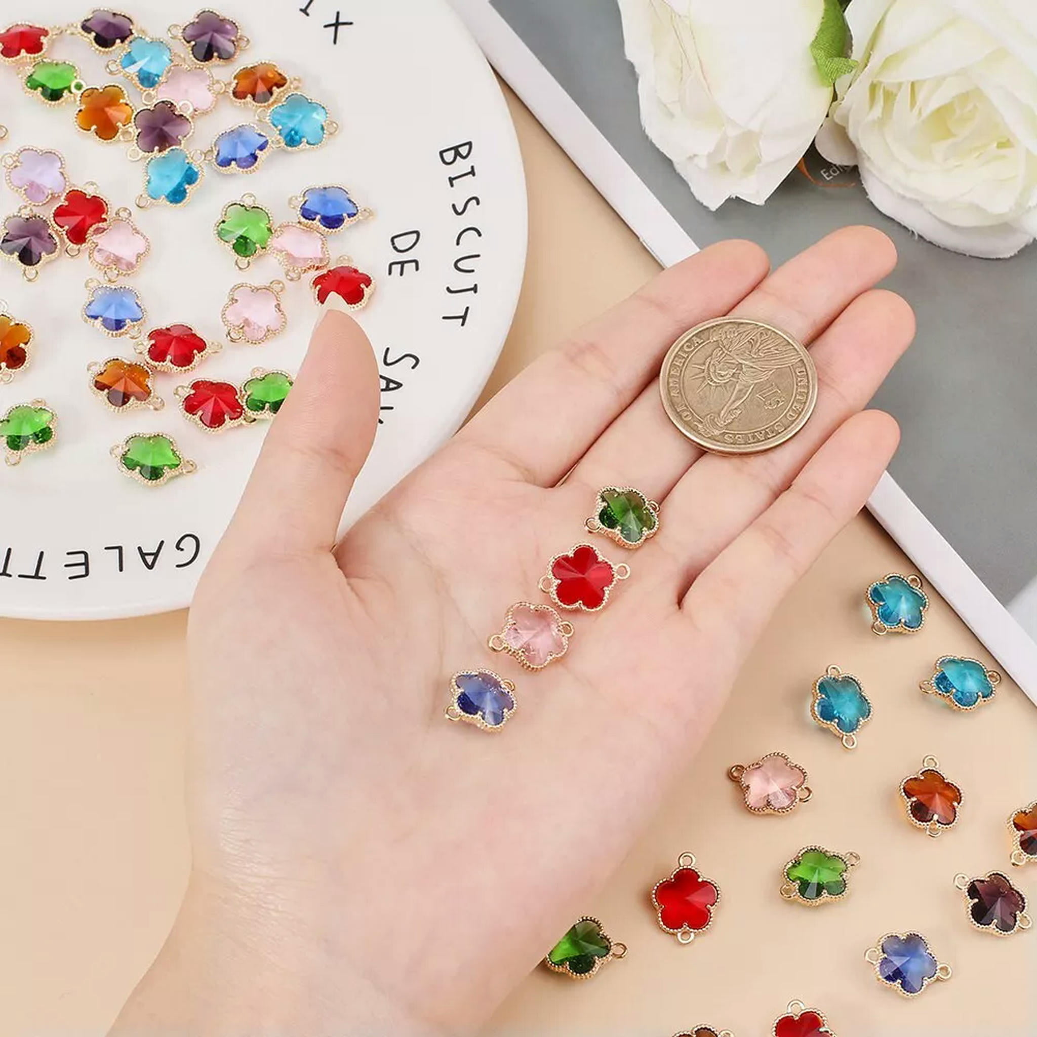 U8MO 50x Flower Glass Links Connectors with Alloy Open Back Berzel Findings 15.5x12mm