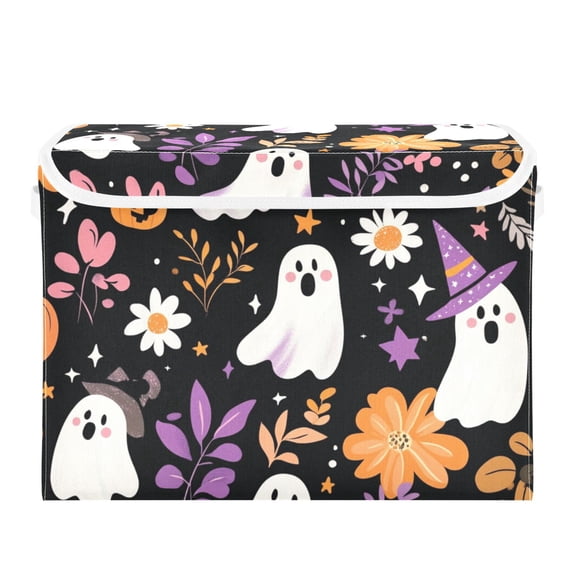 Halloween Specters with Magic Hats Flowers Pumpkins Foldable Storage Bin with Lid and Handle Collapsible Storage Box 16.5 x 12.6 x 11.8 inches