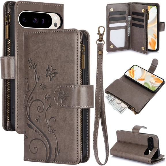 For Google Pixel 9 Pro XL Case Wallet Flip with Card Holder and Wrist Strap,Butterfly Floral Pattern Cover Case, Durable Leather Kickstand Shockproof Phone Case for Women,Gray