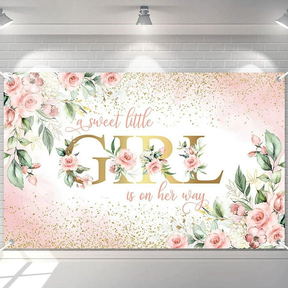 Girl Baby Shower Backdrop Pink Floral Sweet Baby Girl Baby Shower Banner A Sweet Little Girl is on Her Way Baby Shower Party Decorations Banner 5.9x3.6Ft
