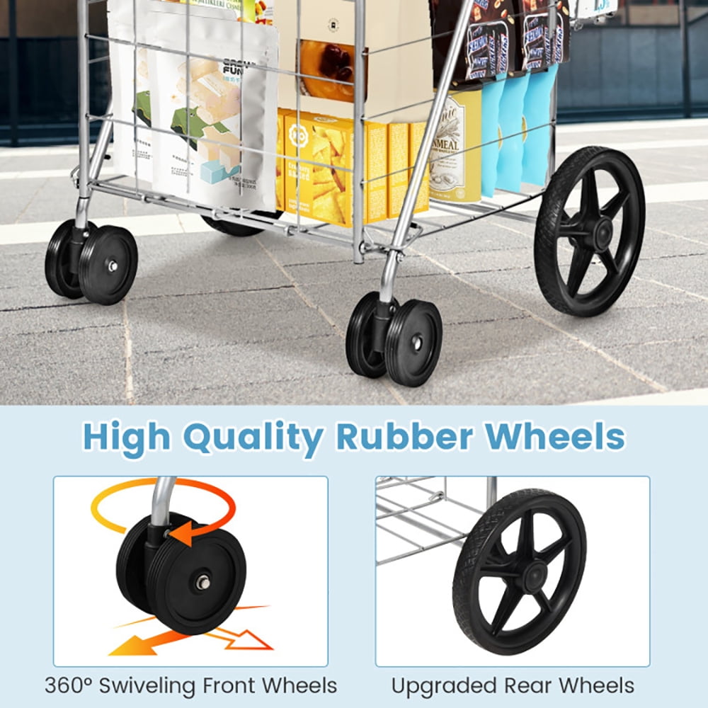 Barara King Outdoor Utility Carts,Folding Shopping Cart for Laundry with Swiveling Wheels and Dual Storage Baskets-Sliver