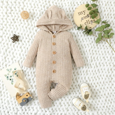 

PatPat Newborn Baby Hooded Button up Jumpsuit Unisex Long Sleeve Stripe Bunny Ear Cute Ropmer Infant Winter Bodysuit Warm Outfit Clothes 0-18Month