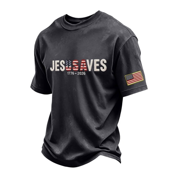 Zimjoy 250 Anniversary USA Men's T Shirts Jesus Saves USA American Flag Patriotic Christian 4th July T-Shirt Black L