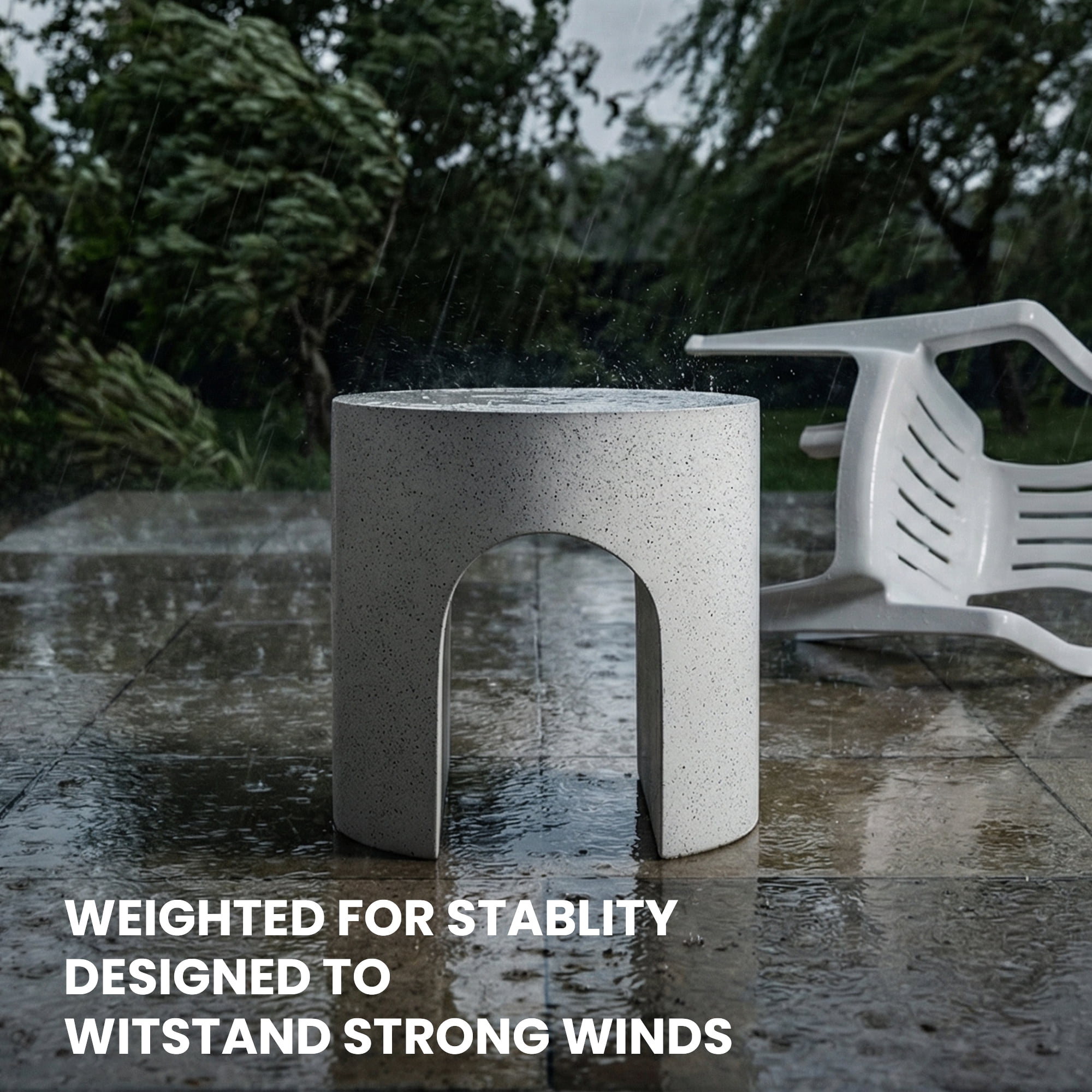 FOROUTIA 15.7" White Speckled Arch Side Table, Waterproof Magnesium Oxide Accent Table, Modern Indoor Outdoor End Table for Patio, Living Room, Bedroom, Small Space Stool