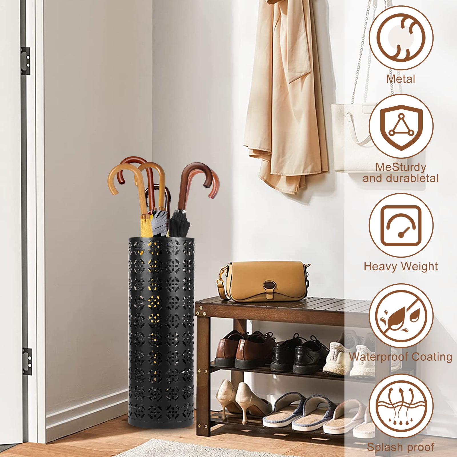 16.5 x 6inch Umbrella Stand Rack,Metal Umbrella Holder Freestanding Umbrella Stand Round Umbrella Holder Bin Waterproof Umbrella Storage Rack Indoor Walking Stick Holder for Home Entryway Office
