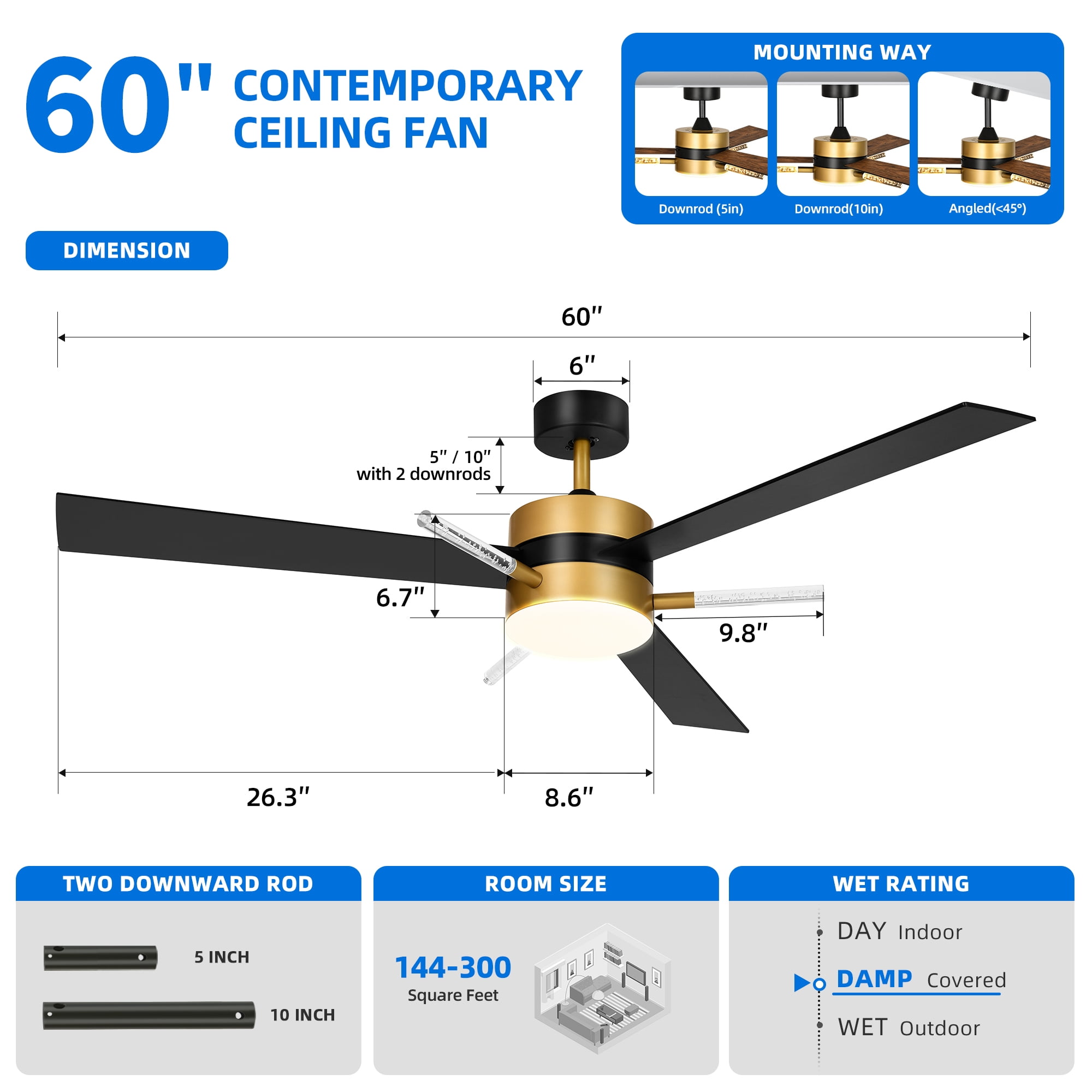 Dextrus 60in Black Ceiling Fan with Light and Remote Control, 3 Blades Modern Chandelier Ceiling Fan