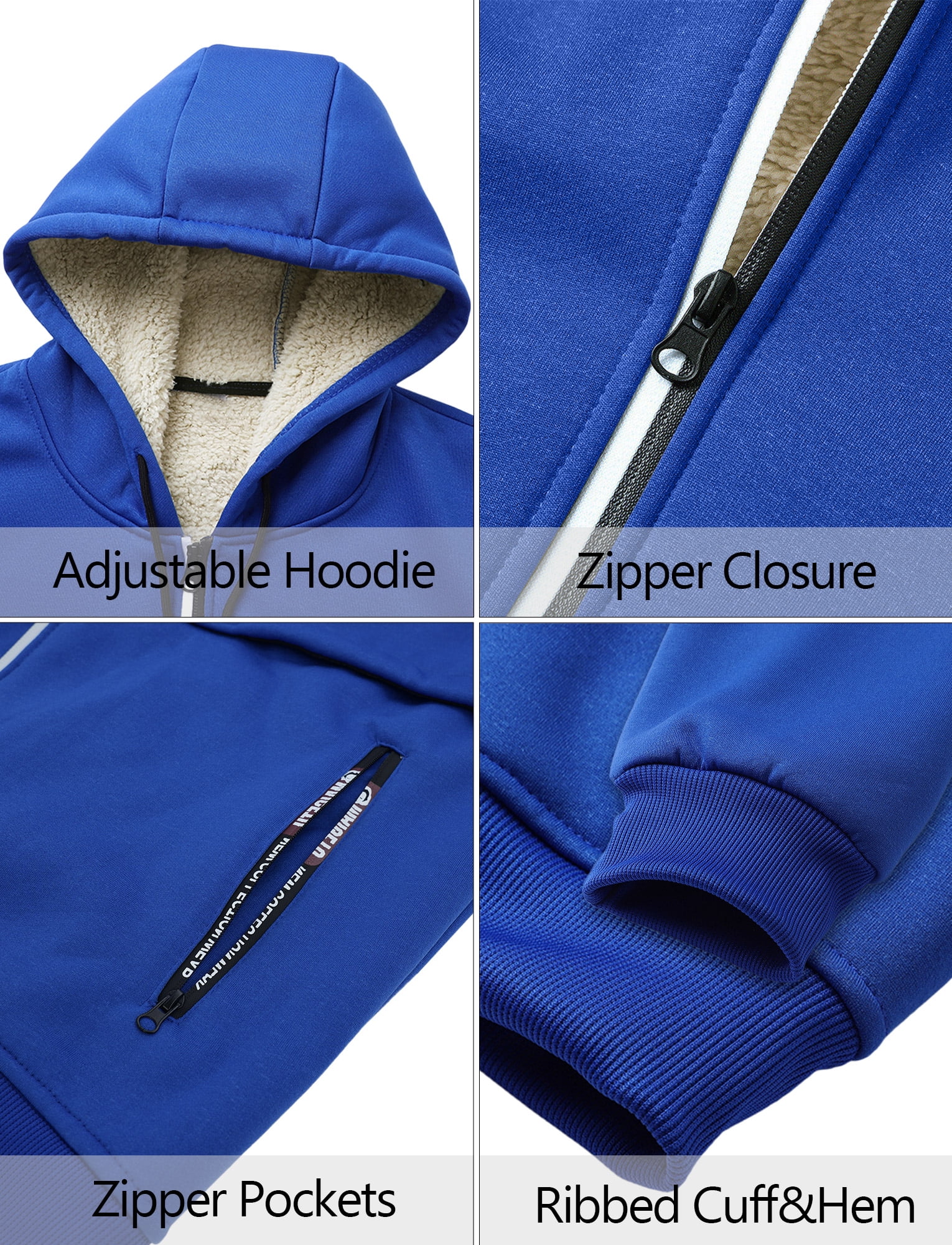 FEOYA Mens Sweat Jackets Zip Up Fleece Winter Hooded Coat Sherpa Lined Outwear Warm Softshell Sweatshirt with Pockets XL Blue