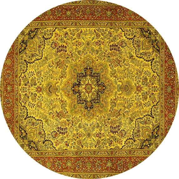 Ahgly Company Indoor Round Medallion Yellow Traditional Area Rugs, 5' Round