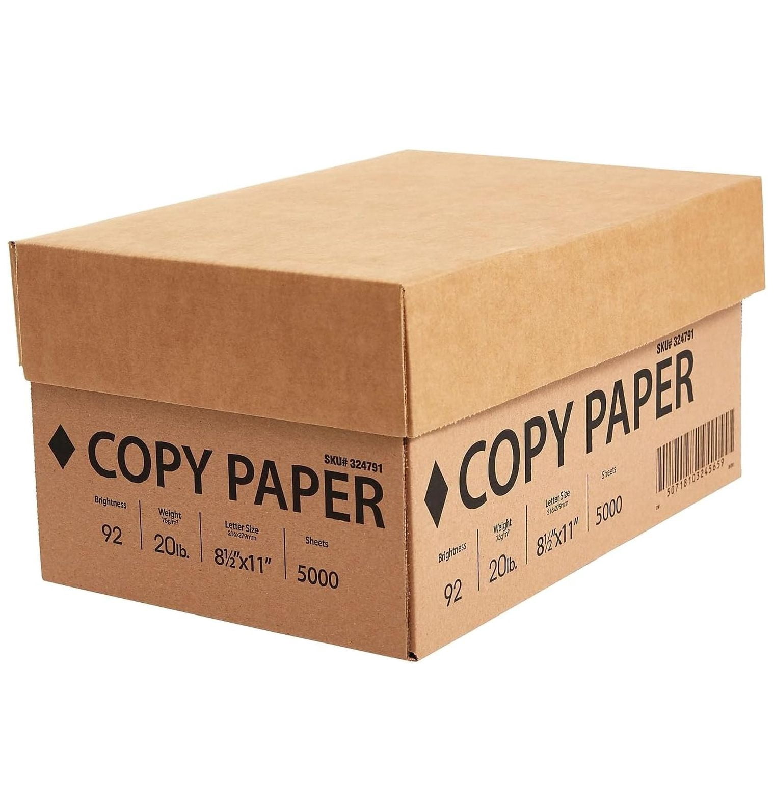 8.5 x 11 Copy Paper, 20 lb, 92 Brightness, 5000 Sheets/Carton (324791)
