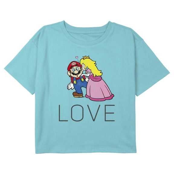 Girl's Nintendo Super Mario Princess Peach Kiss Graphic Cropped T-Shirt Blue X Small