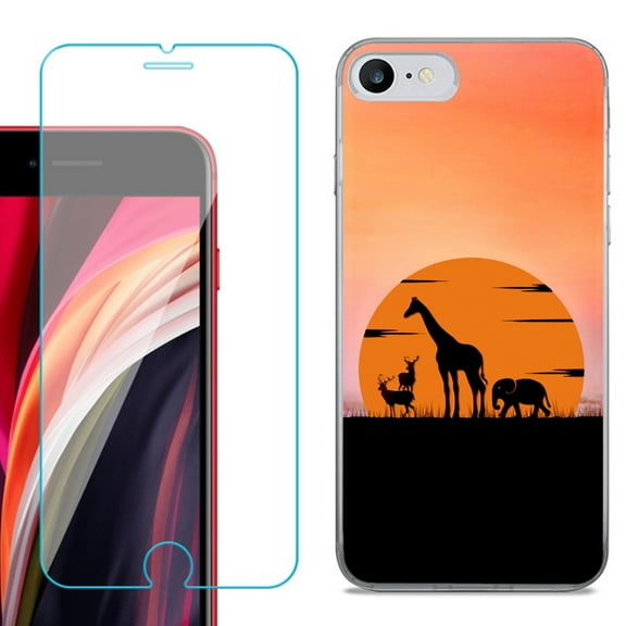 Slim-Fit Fashion Gel Phone Case for iPhone SE 2022, with Tempered Glass Screen Protector, by OneToughShield ® - Sunset Safari