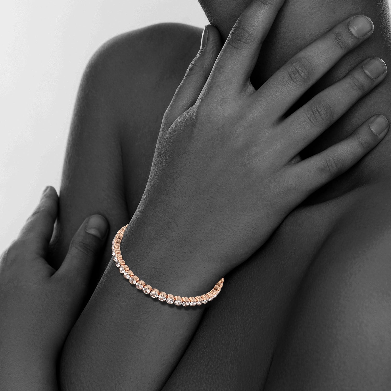 X & O Women's 14K Rose Gold Plated Honeycomb Flex Cuff Bangle with White Crystals