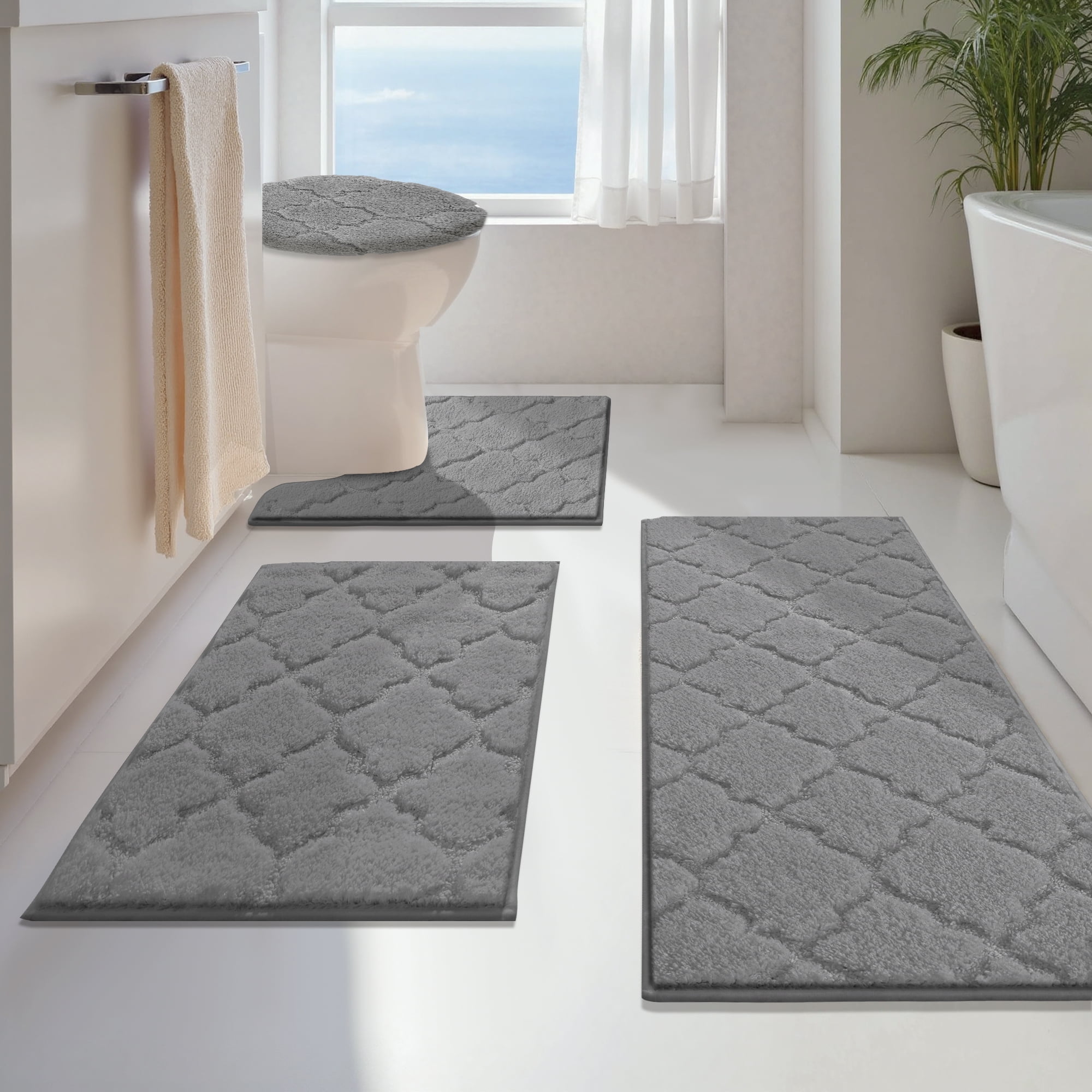 Findosom Bathroom Rugs Sets 4 Pcs with Toilet Lid Cover,U-Shaped Contour Toilet Mat,Non-Slip Machine Washable Absorbentb Rugs and Mats for Bathroom Floor Mats Microfiber Shaggy Bath Rug,Gray