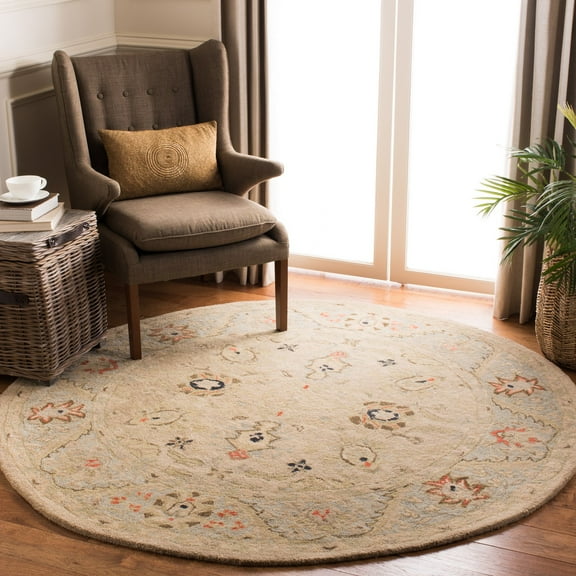 SAFAVIEH Anatolia Sammy Floral Area Rug, Natural/Soft Turquoise, 6' x 6' Round