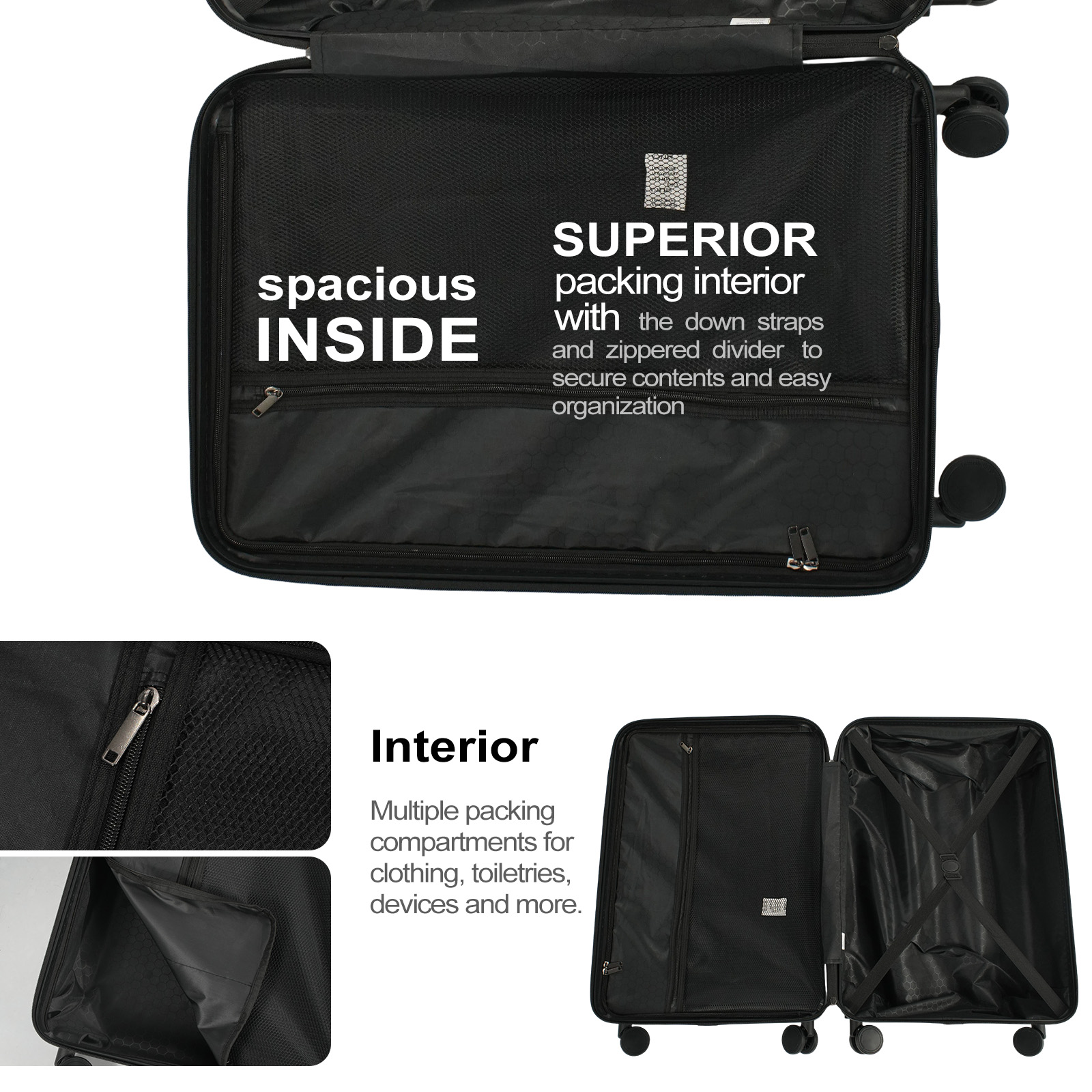 Travelhouse 3-Piece Hardside Luggage Set with TSA Lock Spinner Wheels, Black photo 5