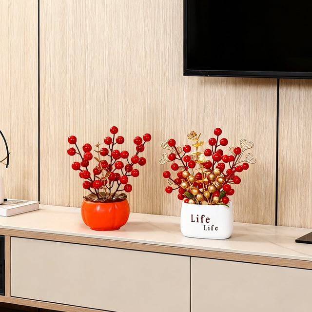 Planta de bonsái artificial de bayas rojas en maceta | Adorno navideño | Falsas hojas doradas | Naranja y Blanco Vibrantes | Decoración moderna del hogar | 8,6x7,1x3,7 pulgadas | Regalo de