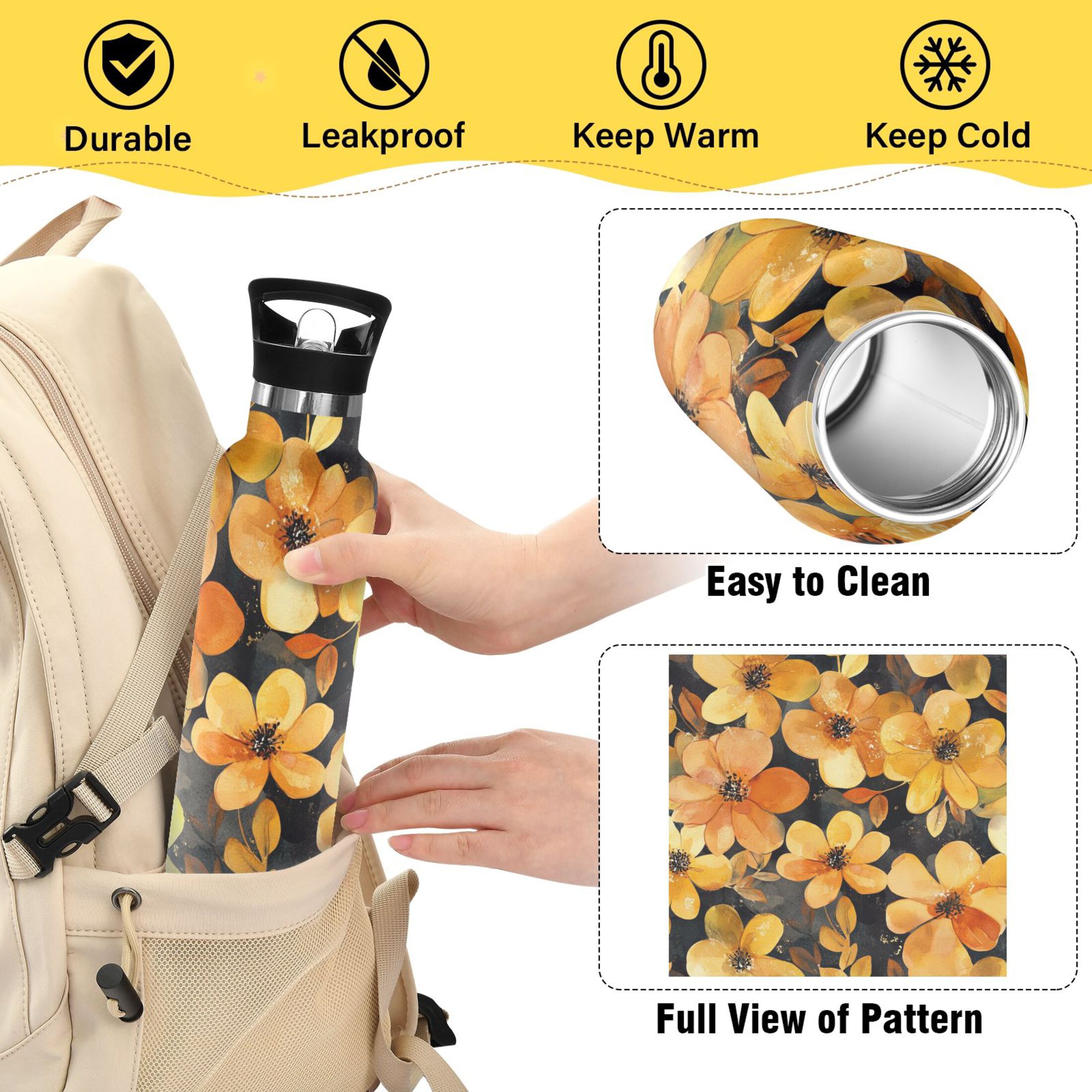 600ML Stainless Steel Insulated Cup Sports Water Bottle Portable Thermos Cup Water Glasses Insulated Tumblers Convenient and Durable Cartoon Gold Flowers
