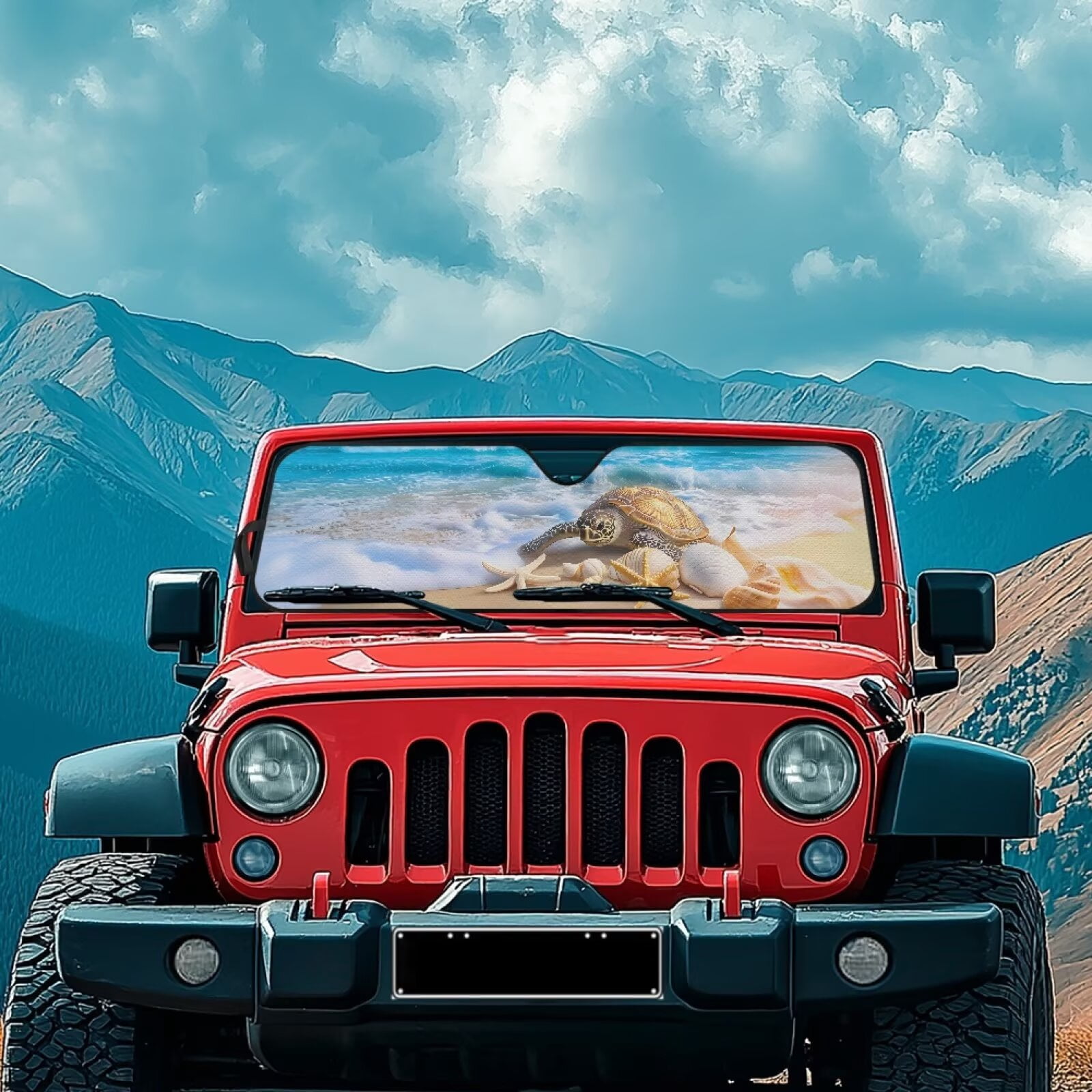 Uorisanigo Windshield Sunshade Beach Starfish Turtle Front Window Sun Shade Fit for Jeep Wrangler JL/JLU 2018-2024 & Jeep Gladiator JT 2020-2024 Foldable Sun Visor, Blocks UV Rays