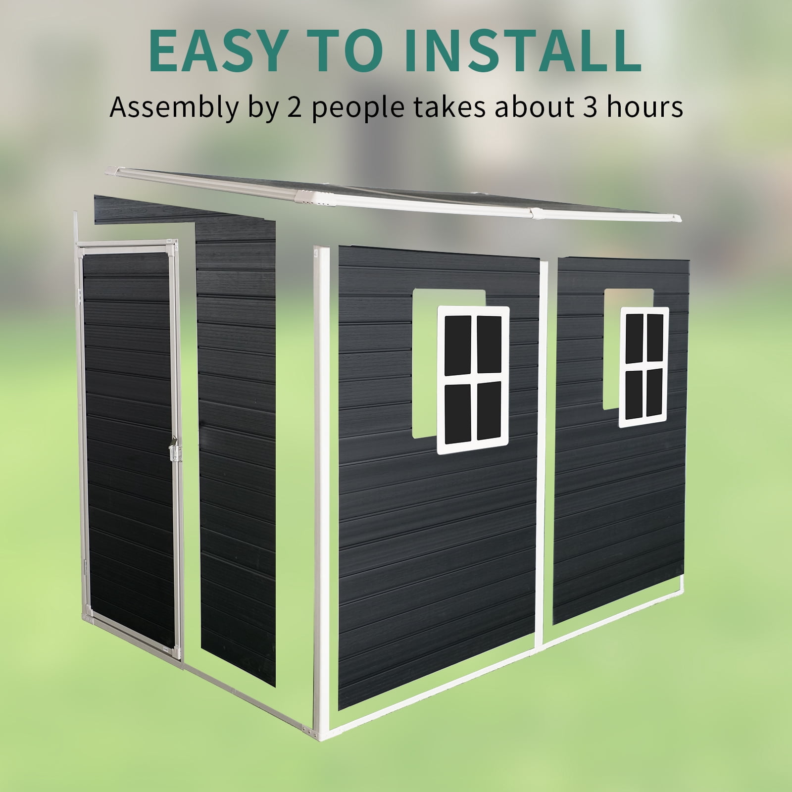 8x4 ft Outdoor Resin Garden Shed with Door, Floor and 2 Windows, Plastic Patio Outdoor Storage Shed with Lockable Door for Garden Tools, Bicycles, Trash Cans, Black
