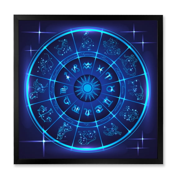 Designart 'Zodiac Signs With Neon Deep Blue Horoscope Circle' Modern Framed Art Print
