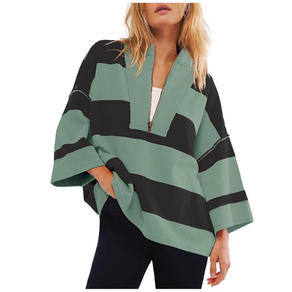CQONEPT Womens Pullover Half Zip V Neck Sweatshirts Stripe Fashion Tunic Tops Outdoor Color Block Long Sleeve Shirts Army Green S
