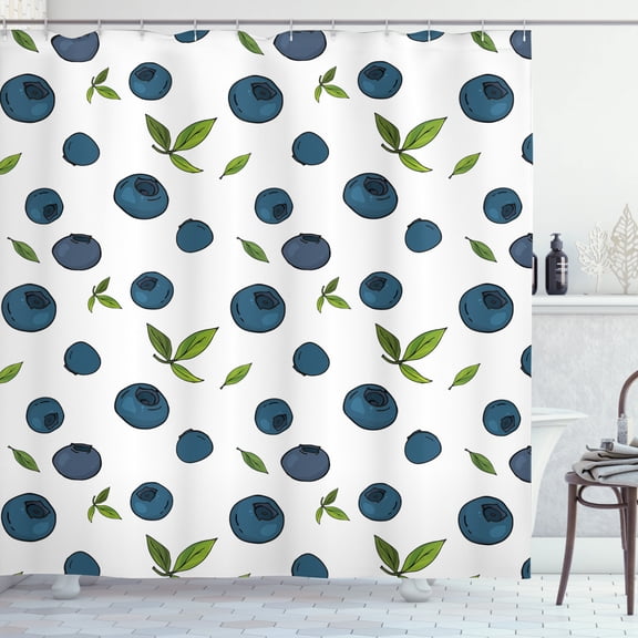 Ambesonne Fruit Shower Curtain, Blueberry Drawing Leaves Art, 69"Wx84"L, Petrol Blue White Green