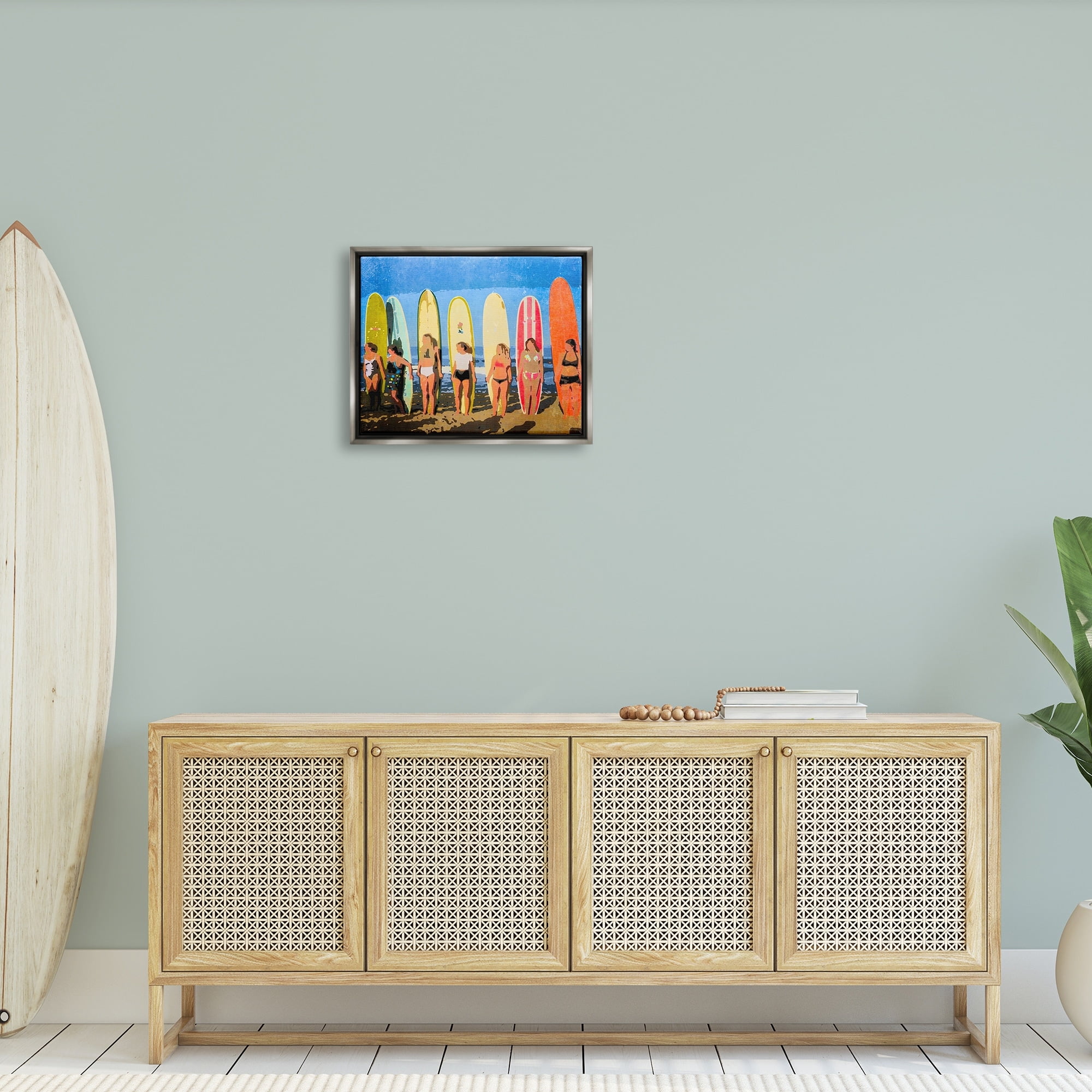Stupell Industries Modern Pop Style Women Surfing Ocean Sports Graphic Art Luster Gray Floating Framed Canvas Print Wall Art, Design by Graffitee Studios