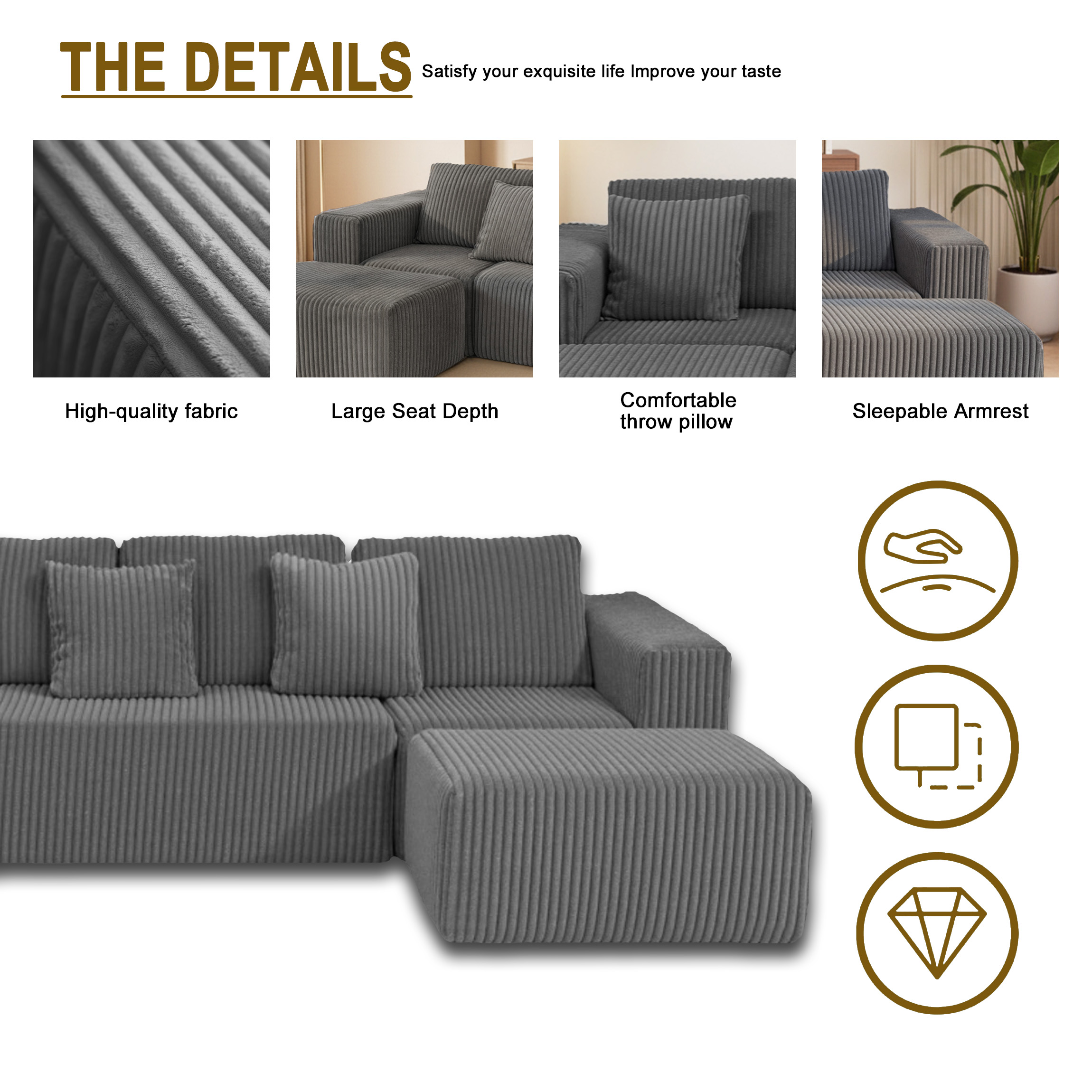 132.58" Boneless Couch, Gray Modern Sectional Couch for Living Room, Modular U-Shaped 4-Seater Chaise Lounge with Reversible Design, Striped Corduroy Fabric, Freely Configurable Layout