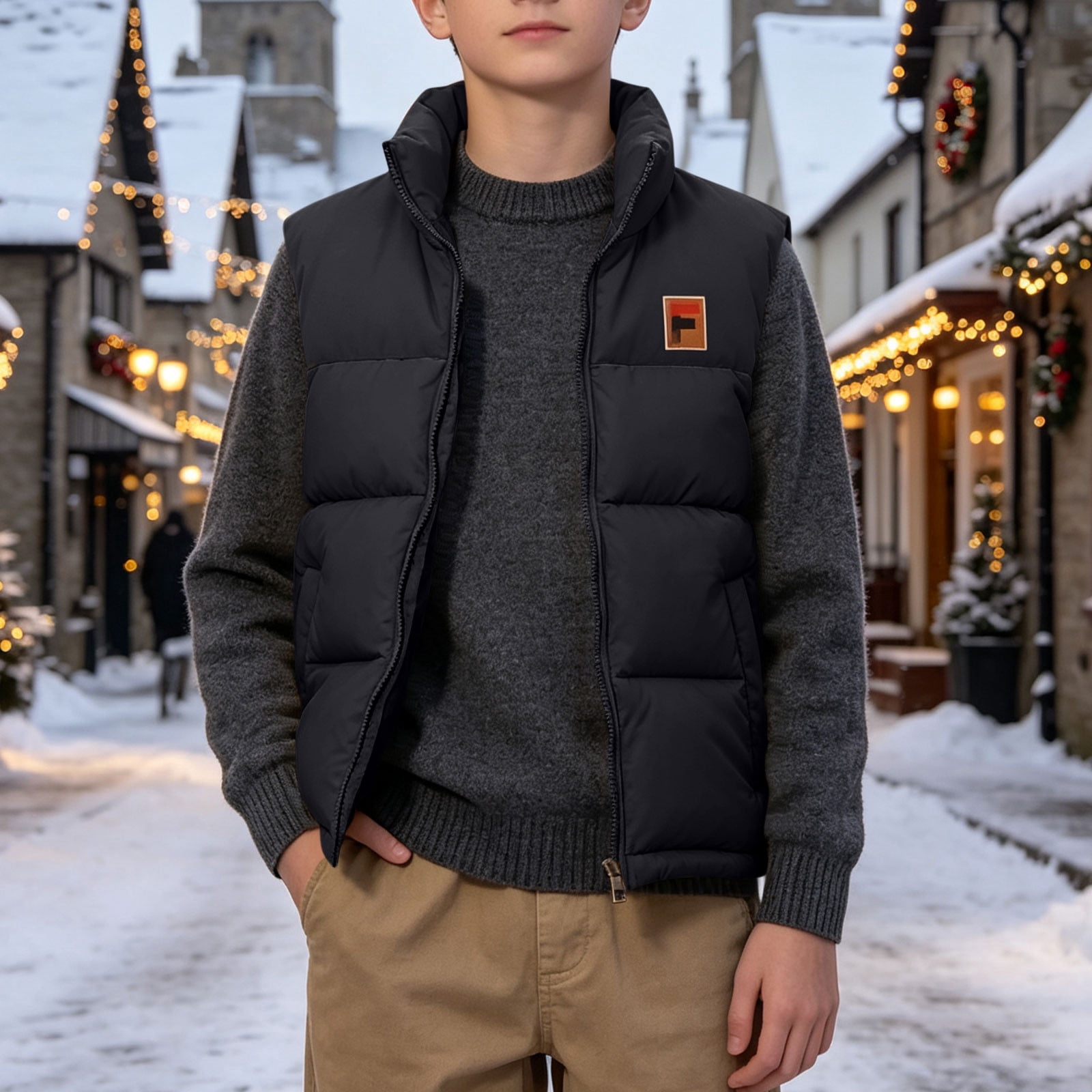 AVRNLIQ Boys Puffer Vest Lightweight Quilted Sleeveless Zip-Up Color Block Outerwear with Pockets Black,Size 12-13 T