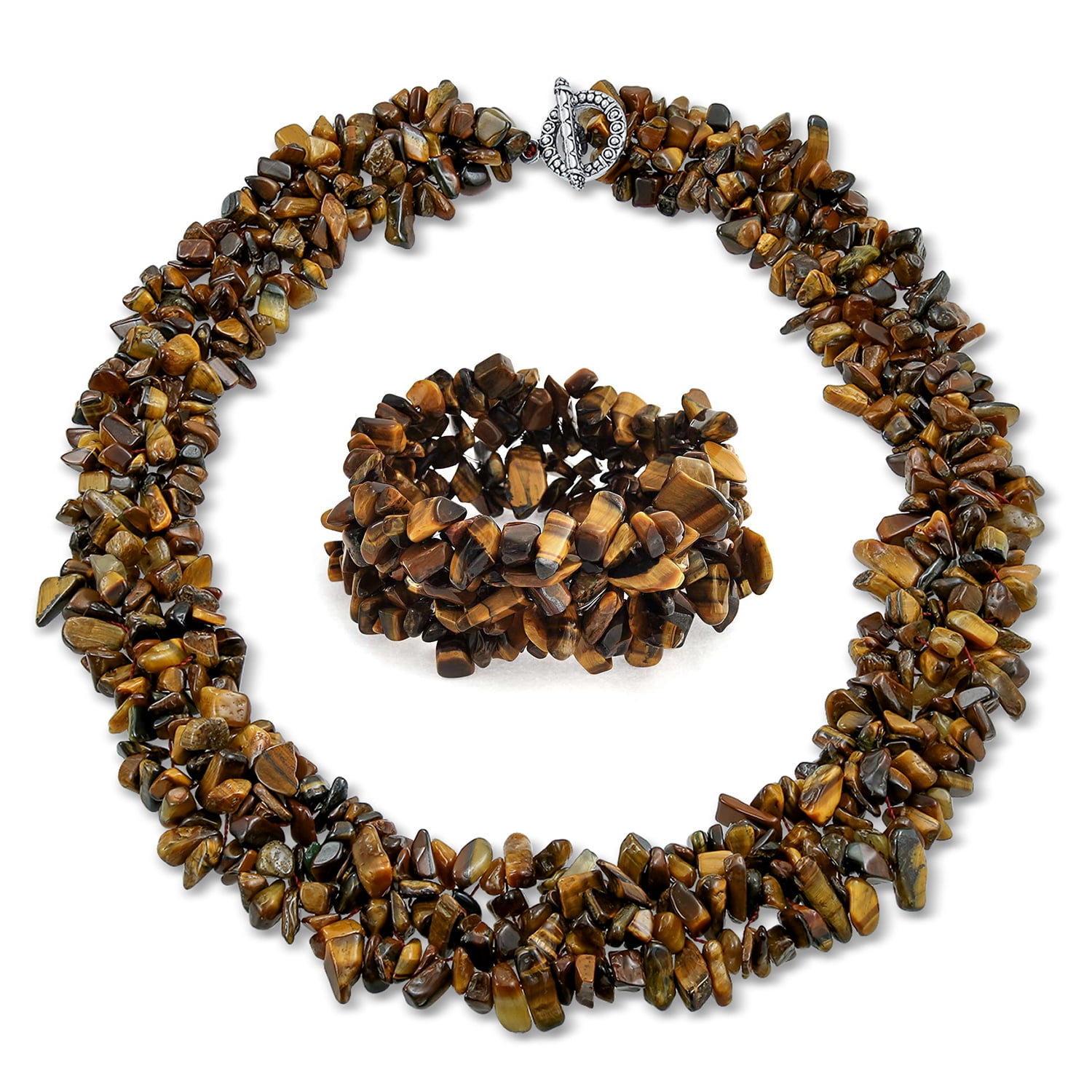 Large Wide Brown Tigers Eye Stones Chips Statement Bib Necklace