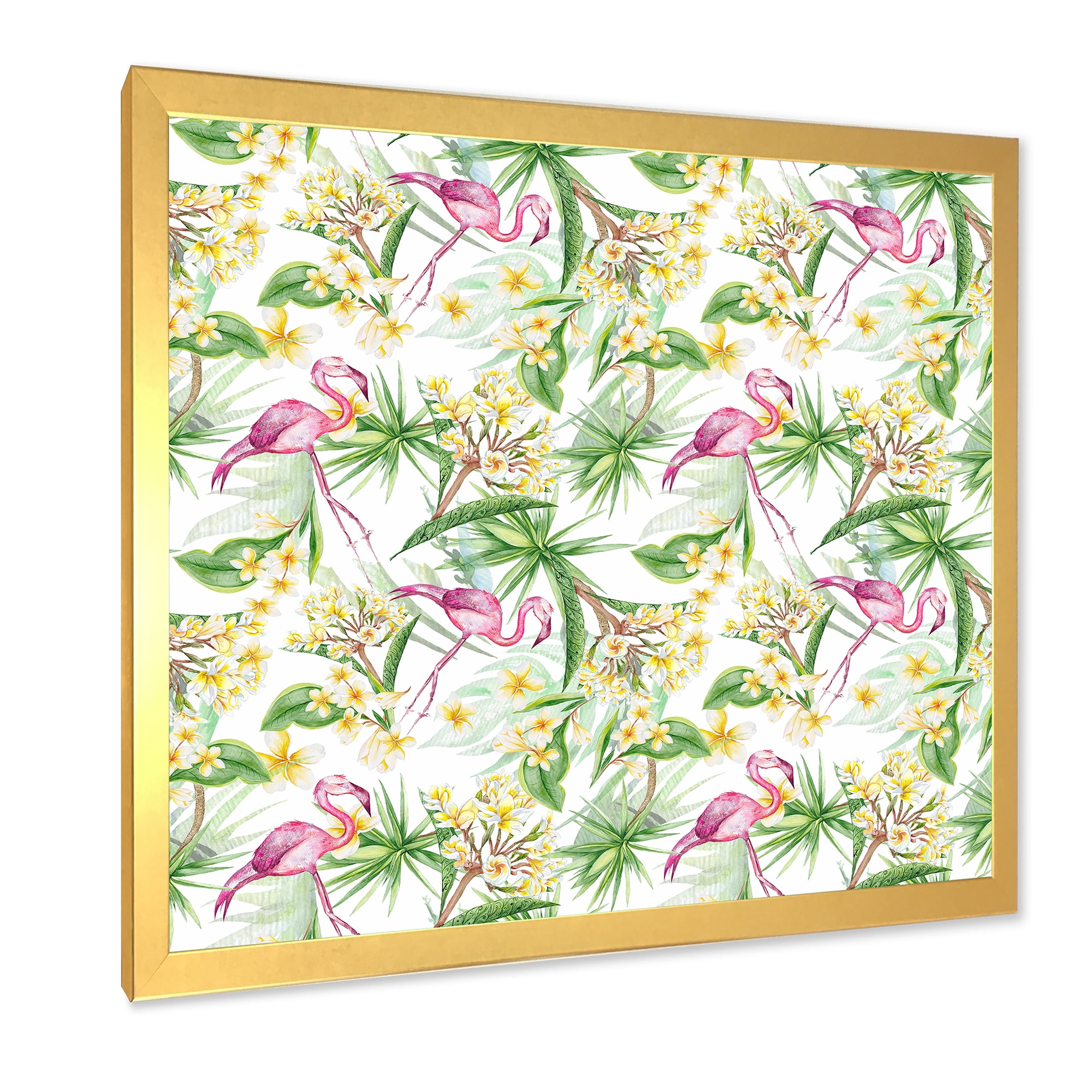 Designart 'Yellow Flowers, Tropical Foliage With Flamingo IV' Modern Framed Art Print